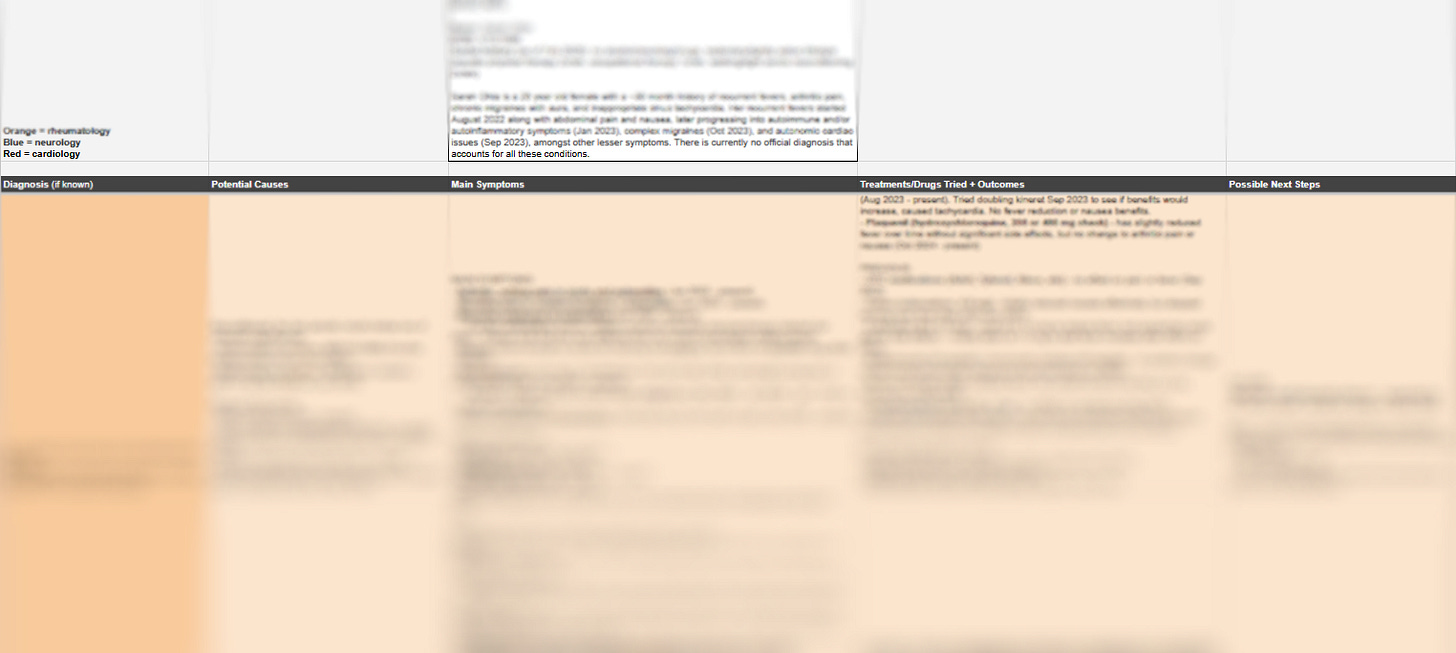 “Screenshot of a blurred spreadsheet used to manually track care navigation. Includes columns like diagnosis, treatments, and next steps — symbolizing the ad hoc tools families rely on in the absence of coordinated care.”