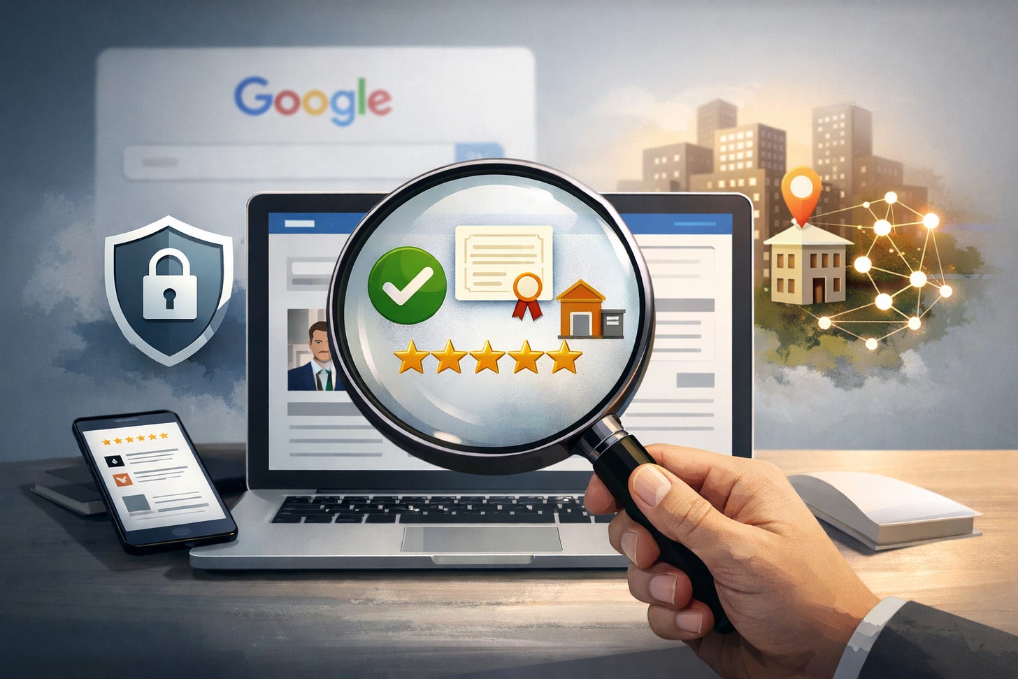 llustration of a laptop displaying a website while a magnifying glass highlights trust indicators such as verification checkmarks, reviews, credentials, and security symbols, representing how search engines evaluate website credibility. llustration of a laptop displaying a website while a magnifying glass highlights trust indicators such as verification checkmarks, reviews, credentials, and security symbols, representing how search engines evaluate website credibility.
