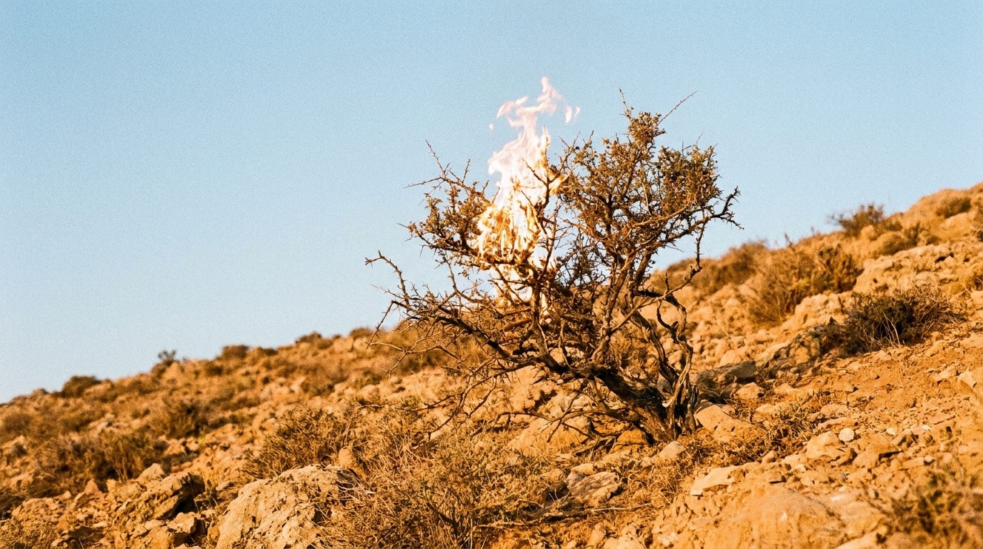 A thorn bush burning without being consumed on a sunlit rocky mountainside in early morning, no text, no people A thorn bush burning without being consumed on a sunlit rocky mountainside in early morning, no text, no people