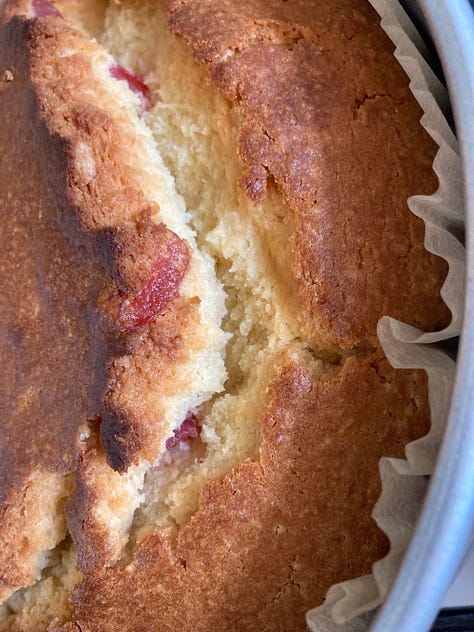 Coconut and cherry cake being made and the final slice.