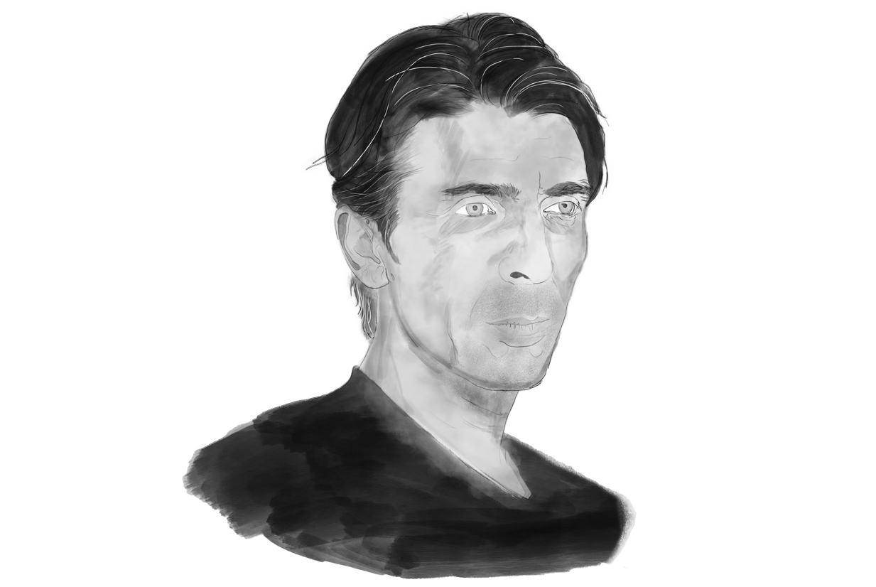 Black and white illustration of Gianluigi Buffon, Juventus goalkeeper, with intense expression and slicked-back hair.