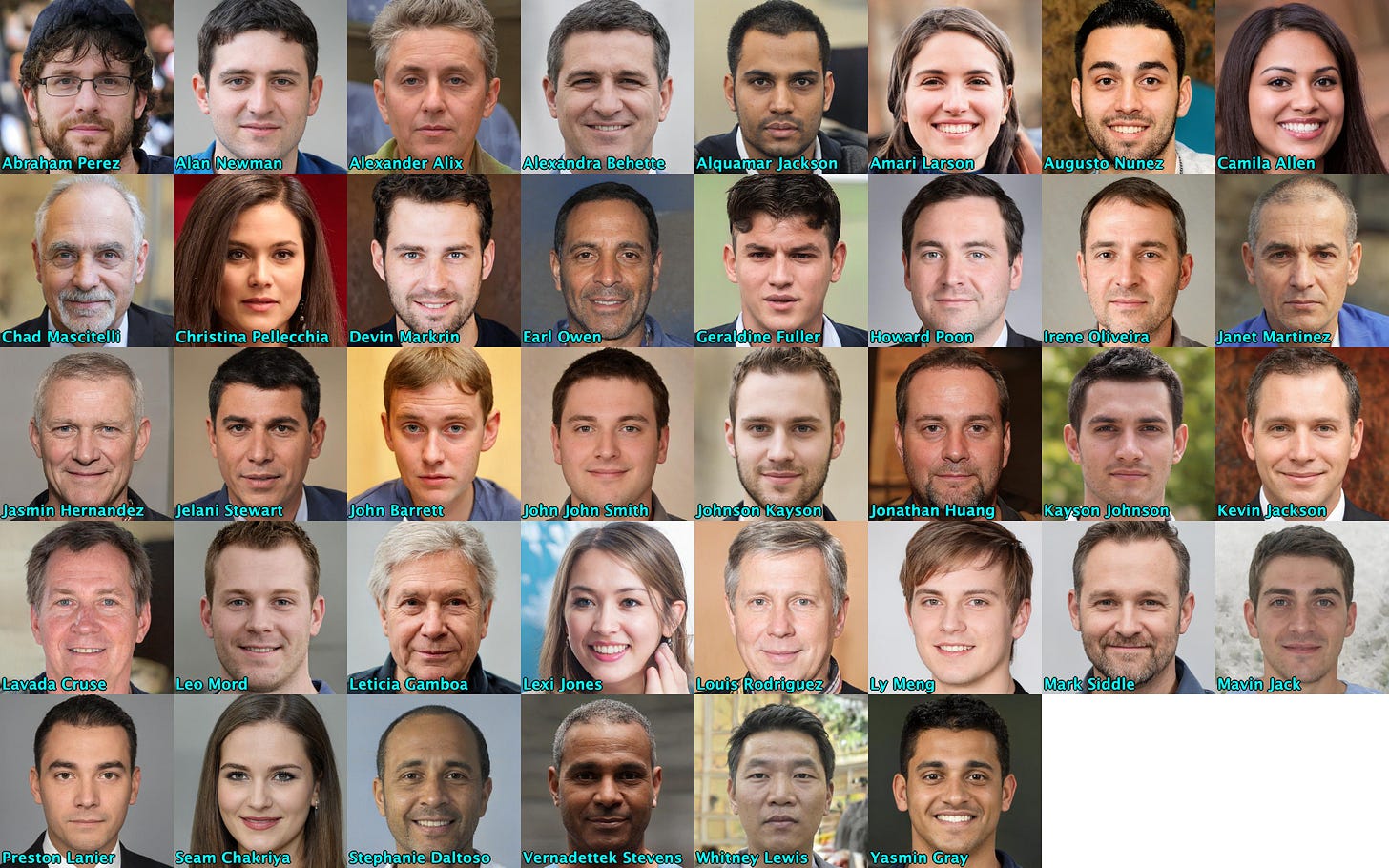 the profile photos of the 38 accounts in the network, all GAN-generated faces the profile photos of the 38 accounts in the network, all GAN-generated faces