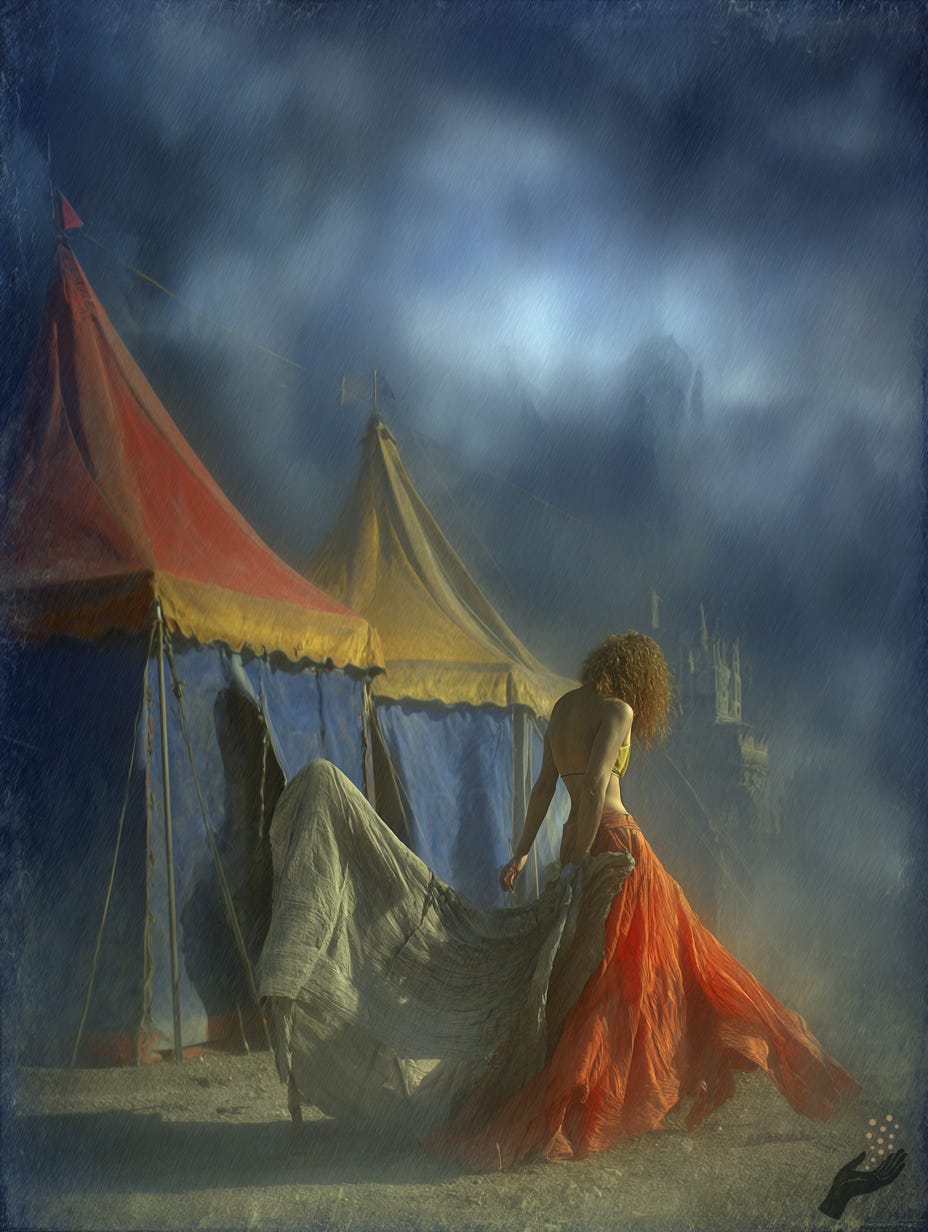 Surreal artwork of a woman in a red dress beside colorful circus tents under a stormy blue-gray sky.