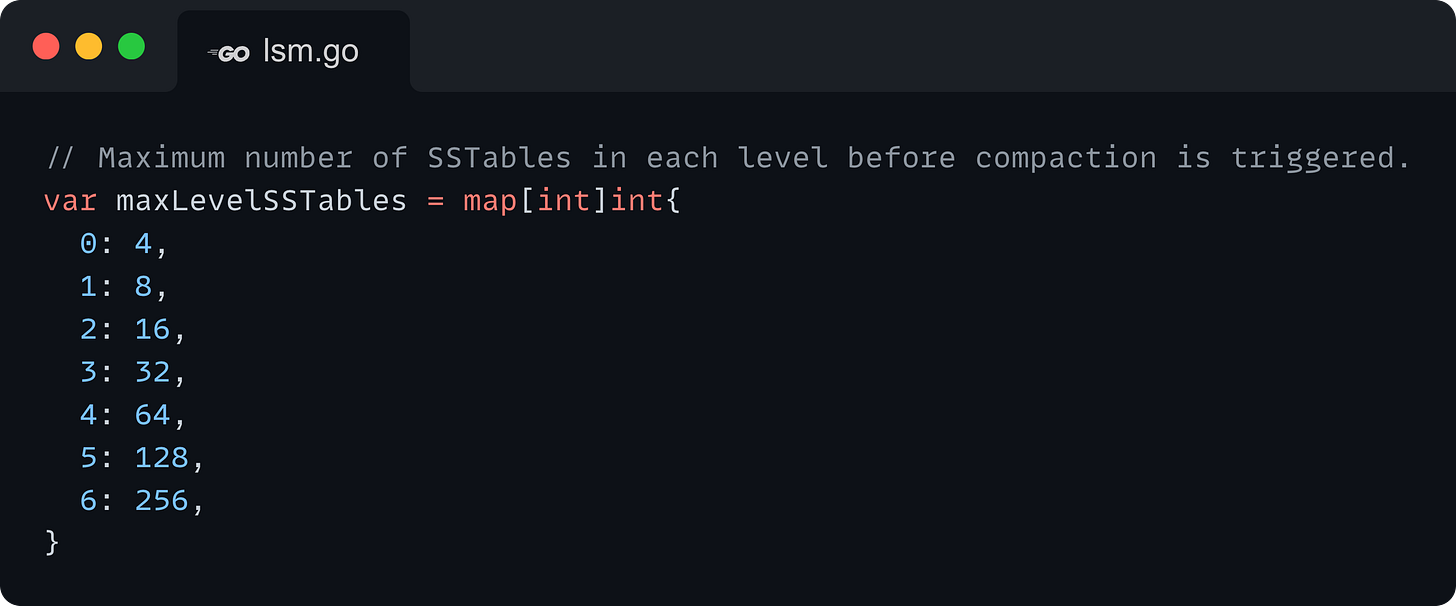 // Maximum number of SSTables in each level before compaction is triggered. var maxLevelSSTables = map[int]int{   0: 4,   1: 8,   2: 16,   3: 32,   4: 64,   5: 128,   6: 256, }