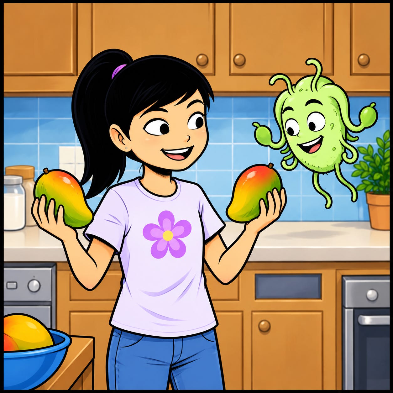 Zara excitedly makes an ultra-thick mango lassi while Omie watches and wonders whats happening with the blender.