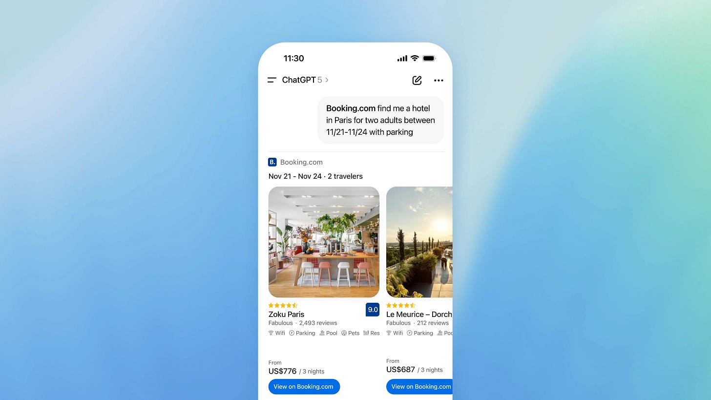 Mobile screen showing a ChatGPT conversation with a Booking.com integration. The user asks to ‘find me a hotel in Paris for two adults between 11/21–11/24 with parking facilities.’ Below, Booking.com displays search results for Zoku Paris and Le Meurice hotels with photos, prices, and amenities such as Wi-Fi, parking, and pool.