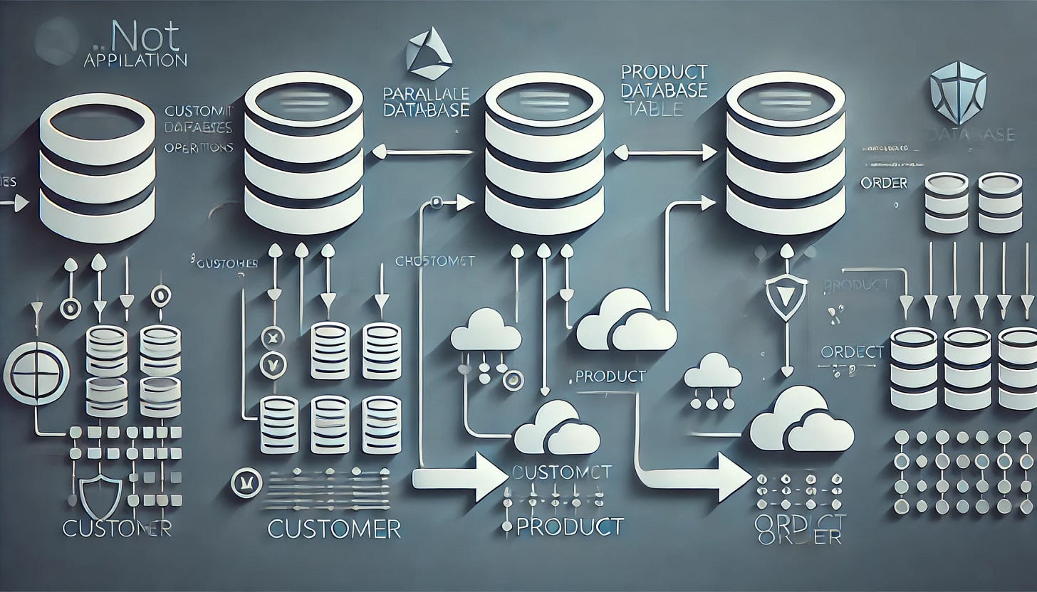 A clean and modern 16:9 image illustrating parallel database operations in a .NET application. The image should feature abstract visuals of three different repositories or database tables (e.g., customer, product, order) being accessed or written to simultaneously. Use concepts like parallel arrows, flow charts, or cloud database icons to show concurrency. Avoid text and maintain a professional design.