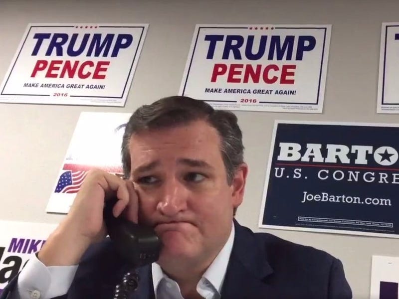 Ted Cruz, looking like a sad little bad, holding a phone with Trump 2016 signs behind him. He looks like a loser in this picture.