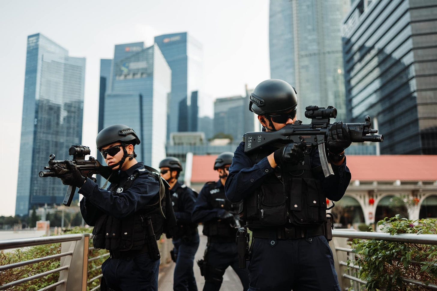 Singapore policemen during a demonstration.