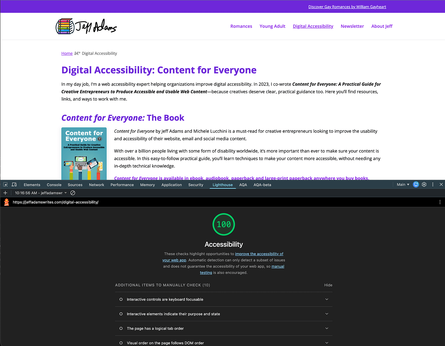Jeff's website with the Lighthouse panel open in the Chrome developer tools. It shows a score of 100 for accessibility along with additional items to manually check.