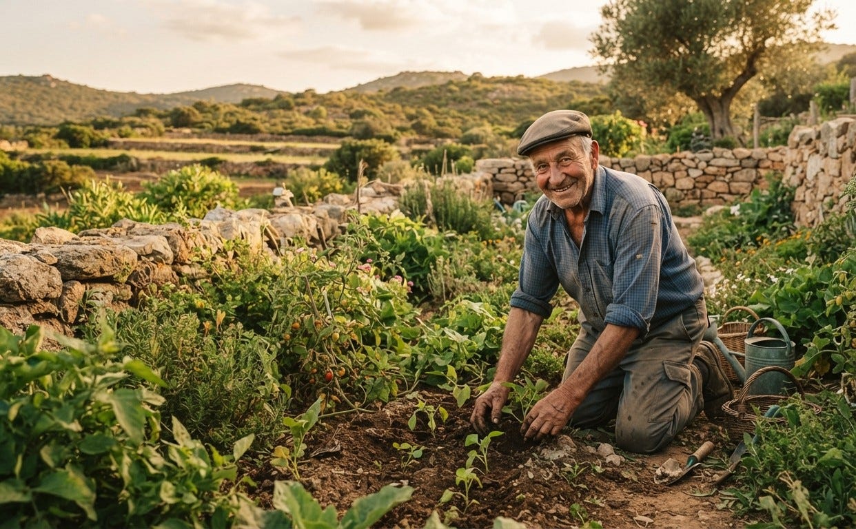 Anziano sardo sorridente che cura il proprio orto all'aperto, simbolo dello stile di vita delle Blue Zones Anziano sardo sorridente che cura il proprio orto all'aperto, simbolo dello stile di vita delle Blue Zones