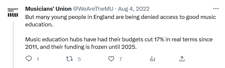 ... many young people in England are being denied access to good music education. music education hubs have had their budgets cut 17% in real terms since 2011, and their funding frozen until 2025.