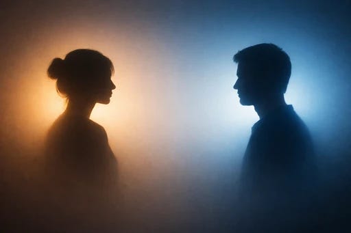 Two silhouetted figures facing one another, symbolizing the relational observation and reflection between partners Two silhouetted figures facing one another, symbolizing the relational observation and reflection between partners