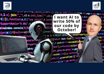 An AI robot coding on the left of Brian Armstrong as Brian Armstrong showing a thumbs up saying “I want AI to write 50% of our code by October!” An AI robot coding on the left of Brian Armstrong as Brian Armstrong showing a thumbs up saying “I want AI to write 50% of our code by October!”