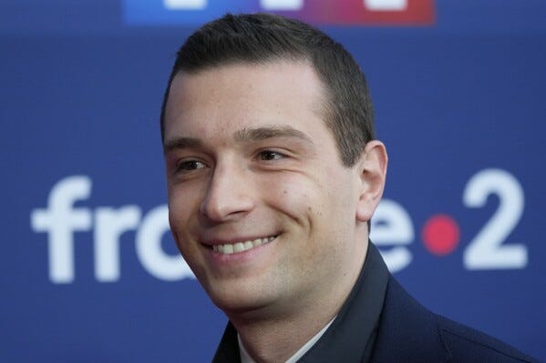 Acting president of the far-right National Rally party Jordan Bardella arrives at a TV studio, April 20, 2022, in La Plaine-Saint-Denis, outside of Paris. (AP Photo/Francois Mori, File) Acting president of the far-right National Rally party Jordan Bardella arrives at a TV studio, April 20, 2022, in La Plaine-Saint-Denis, outside of Paris. (AP Photo/Francois Mori, File)