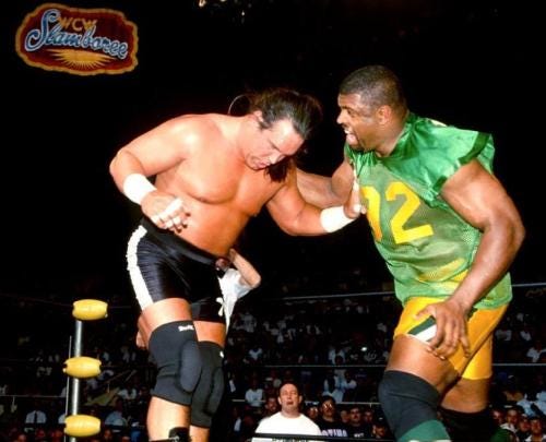 Reggie White vs. Steve McMichael, WCW Slamboree (1997) –  @suspiciousbehaviorproductions on Tumblr