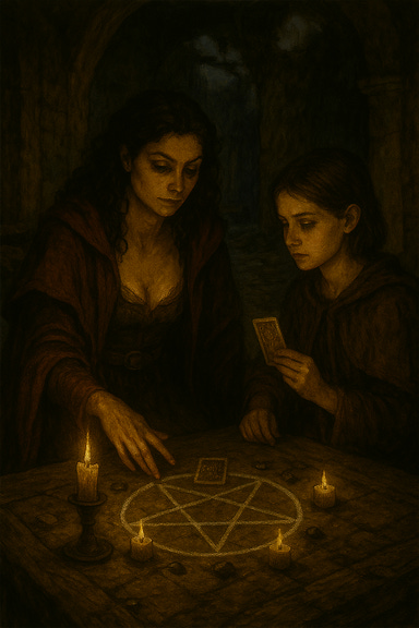 A dark fantasy image of Ezmerelda (visually reminiscent of Morena Baccarin) and Arabelle (visually reminiscent of Cailey Spaeny) conducting a Tarokka reading in the half-ruined barracks of the Abbey of St. Markovia. Ezmerelda kneels across from Arabelle on the cracked stone floor, her crimson cloak pooling around her, eyes focused and intense. Arabelle sits cross-legged, her soft features lit by candlelight, with a quiet, determined expression. Between them lies a spread of Tarokka cards on a worn cloth, surrounded by flickering candles and chalk symbols. The barracks around them are weathered—broken bunks, shattered beams, and moss creeping through the cracks. Moonlight filters through a collapsed section of the roof, mingling with the candlelight. The atmosphere is mystical, solemn, and intimate. A dark fantasy image of Ezmerelda (visually reminiscent of Morena Baccarin) and Arabelle (visually reminiscent of Cailey Spaeny) conducting a Tarokka reading in the half-ruined barracks of the Abbey of St. Markovia. Ezmerelda kneels across from Arabelle on the cracked stone floor, her crimson cloak pooling around her, eyes focused and intense. Arabelle sits cross-legged, her soft features lit by candlelight, with a quiet, determined expression. Between them lies a spread of Tarokka cards on a worn cloth, surrounded by flickering candles and chalk symbols. The barracks around them are weathered—broken bunks, shattered beams, and moss creeping through the cracks. Moonlight filters through a collapsed section of the roof, mingling with the candlelight. The atmosphere is mystical, solemn, and intimate.
