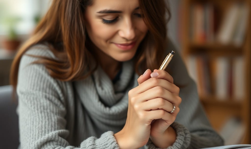 Grateful woman with pen in hand