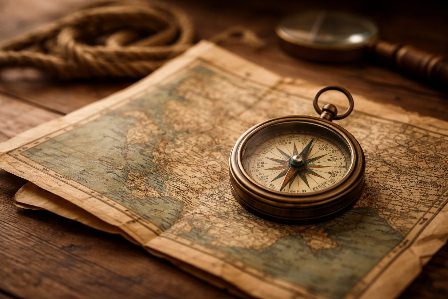 A vintage brass compass resting on a weathered map laid out on a wooden table. A vintage brass compass resting on a weathered map laid out on a wooden table.