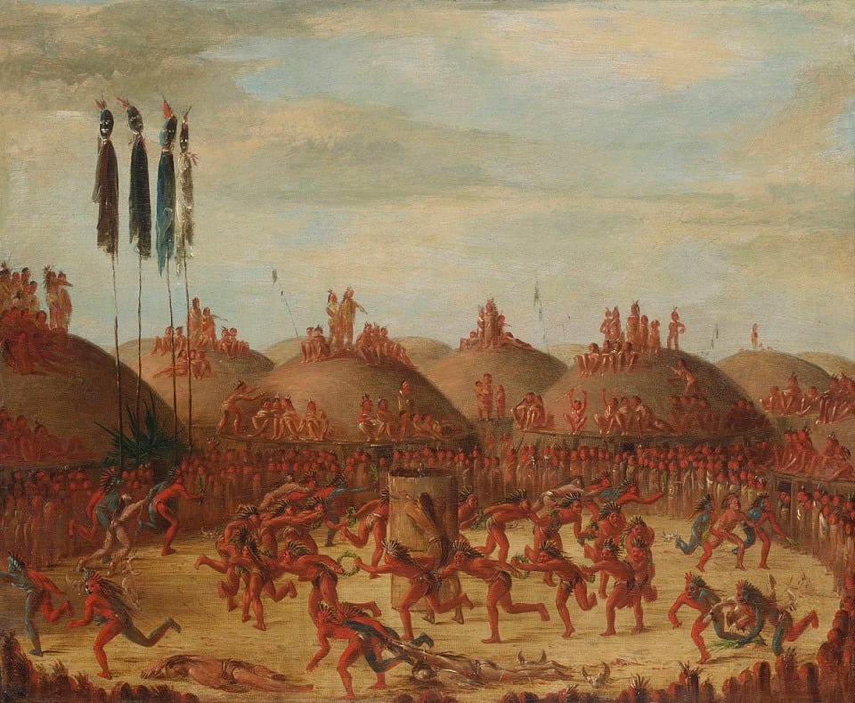 George Catlin, The Last Race, Mandan O-kee-pa Ceremony, 1832, oil on canvas, Smithsonian American Art Museum, Gift of Mrs. Joseph Harrison, Jr., 1985.66.507
