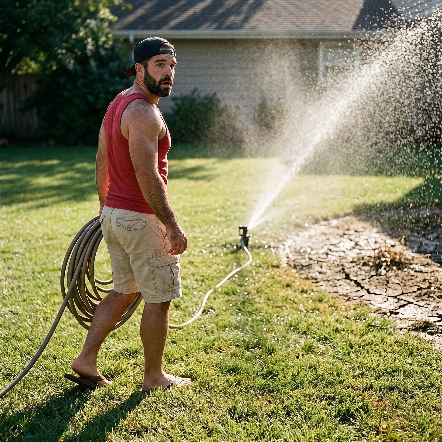 Mitch walks through a dusty lawn in Truth or Consequences, carrying a coiled garden hose while surveying a spectacular, uncontained plume of water spraying against a blue sky. Mitch walks through a dusty lawn in Truth or Consequences, carrying a coiled garden hose while surveying a spectacular, uncontained plume of water spraying against a blue sky.