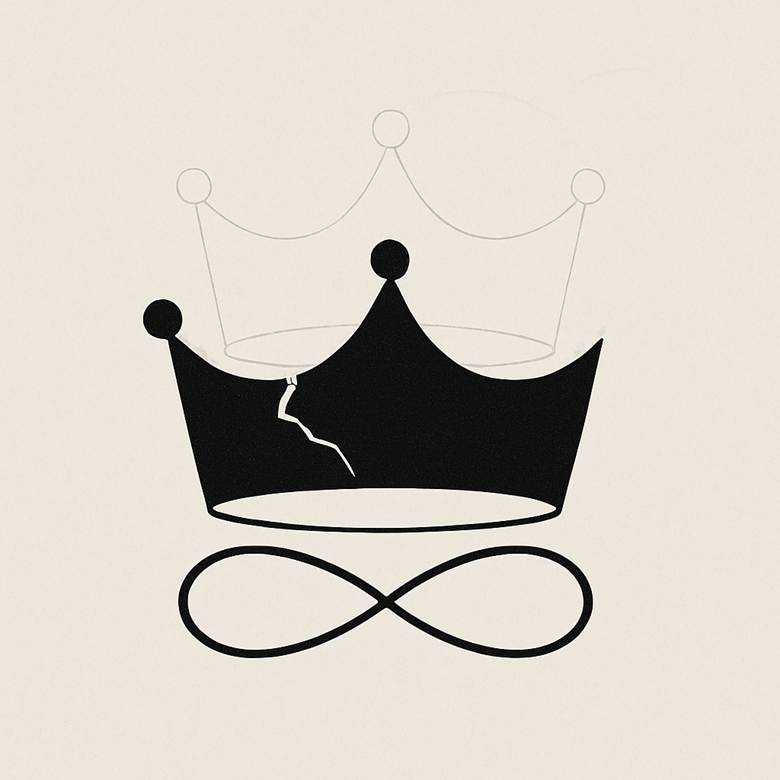 A minimalist black-and-white illustration of two overlapping crowns. The front crown is solid black and cracked, while the rear crown is outlined and floating slightly behind it like a shadow or echo. Below both crowns is a smooth infinity symbol, linking them visually. The background is a clean, off-white canvas. A minimalist black-and-white illustration of two overlapping crowns. The front crown is solid black and cracked, while the rear crown is outlined and floating slightly behind it like a shadow or echo. Below both crowns is a smooth infinity symbol, linking them visually. The background is a clean, off-white canvas.