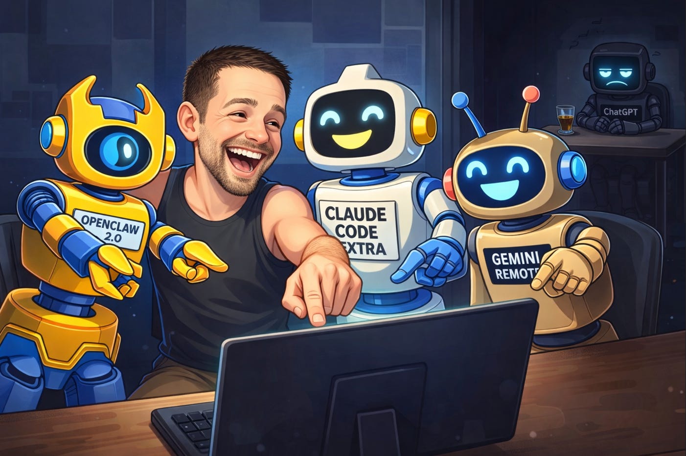 AI-generated illustration of a man laughing at a laptop surrounded by three friendly robots labeled "OpenClaw 2.0," "Claude Code Extra," and "Gemini Remote," while a sulking ChatGPT robot sits alone at a bar in the background.