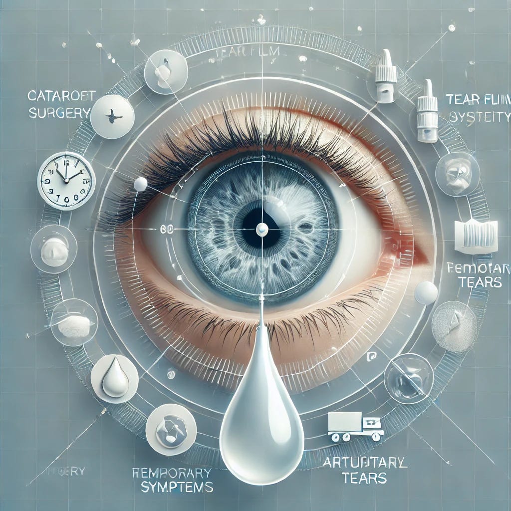 A professional medical illustration depicting the impact of cataract surgery on tear film stability. The image features a clean and modern design, showing an eye with a subtle representation of tear film disruption. Include symbolic elements such as a clock to indicate the temporary duration of symptoms and a dropper with artificial tears to suggest treatment options. The design should be clear, informative, and visually engaging, using a soft blue and white color scheme to reflect a medical and professional theme.