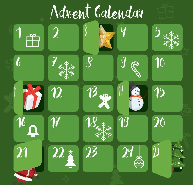 A drawn Christmas advent calendar with a dark green background, light green squares for each day, and white numbers and symbols.