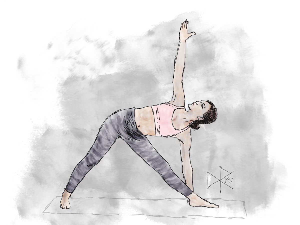 A woman holding the triangle pose (trikonasana) as a part of her yoga ritual. Sketch art by Don Rice. A woman holding the triangle pose (trikonasana) as a part of her yoga ritual. Sketch art by Don Rice.