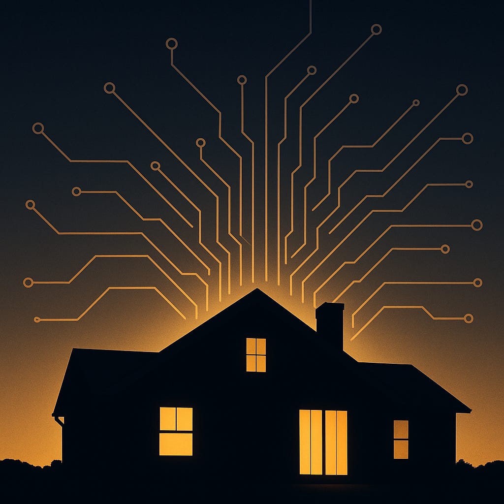 A high-contrast digital illustration of a silhouetted house at sunrise. Golden light glows through the windows while luminous circuit lines rise from the roof into a dark blue sky, symbolizing technology illuminating the future of real estate communication.