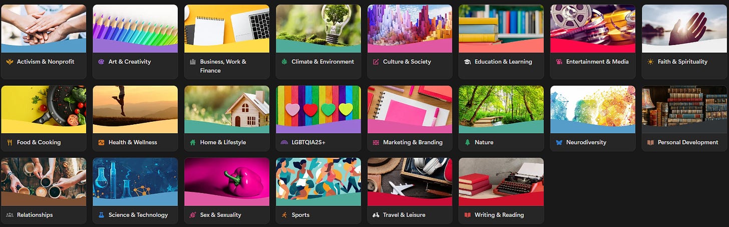 22 colorful tiles with unique images representing the various categories of publications in the SmallStack Library