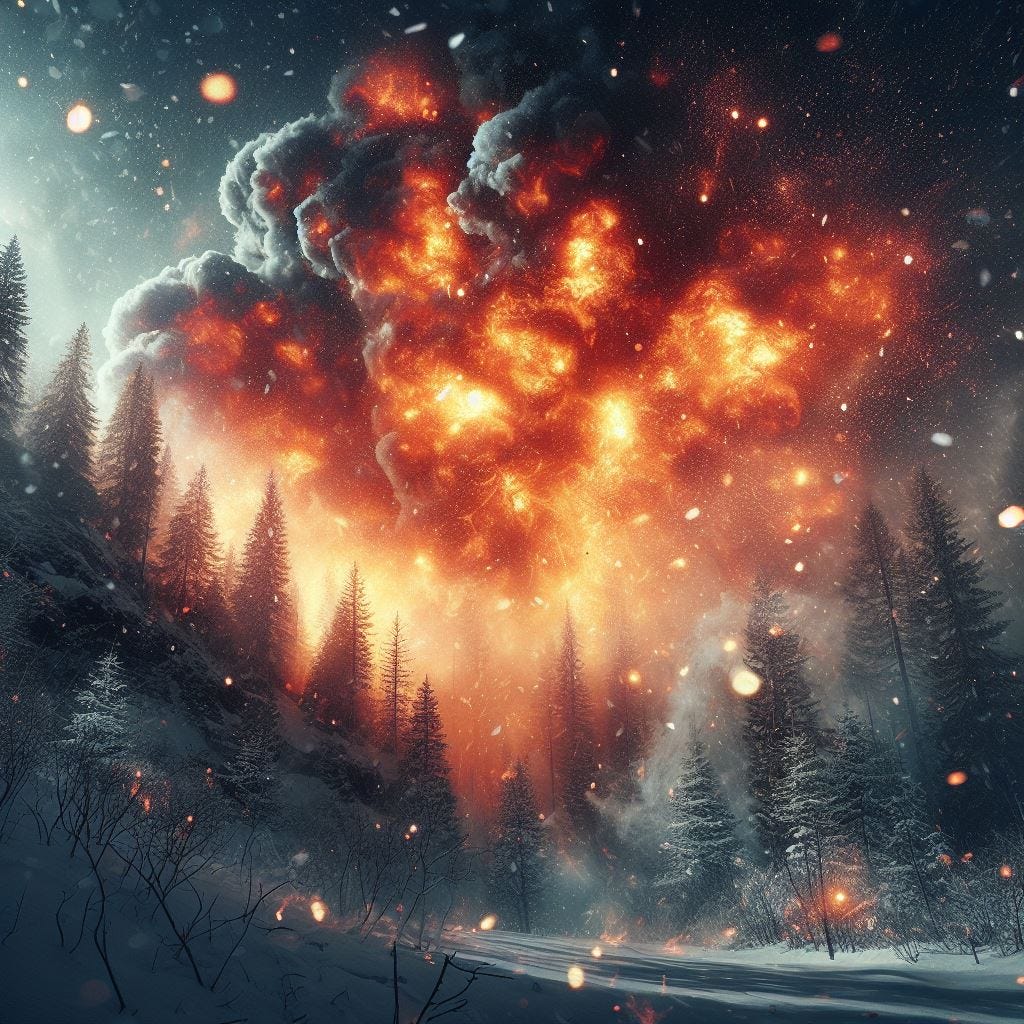 a forest fire blazing through a winter tundra