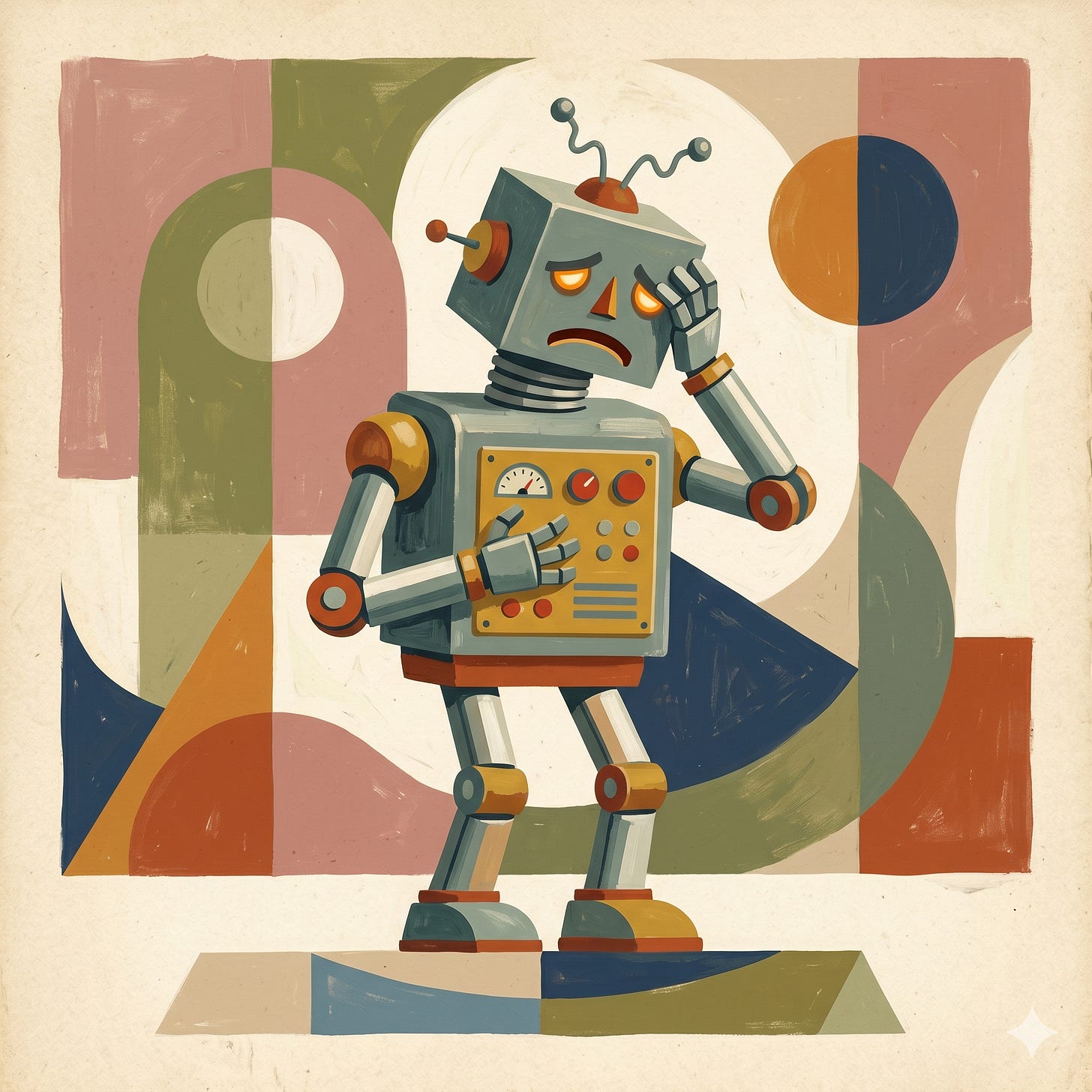 A mid-century modern gouache illustration of a conflicted, 1950s-style robot with a sad expression, holding one hand to its square head and the other to its chest. The robot is built from primitive geometric forms and stands against a minimalist, abstract background of geometric shapes and arches. The artwork features a tactile, painterly texture and a muted vintage color palette of terracotta, mustard yellow, olive green, and slate blue on a cream backdrop. A mid-century modern gouache illustration of a conflicted, 1950s-style robot with a sad expression, holding one hand to its square head and the other to its chest. The robot is built from primitive geometric forms and stands against a minimalist, abstract background of geometric shapes and arches. The artwork features a tactile, painterly texture and a muted vintage color palette of terracotta, mustard yellow, olive green, and slate blue on a cream backdrop.