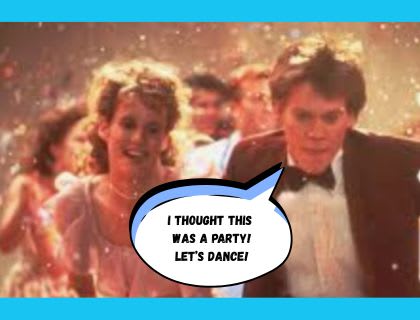 Dancing scene from the movie Footloose. Two people dance in 80s clothes with speech bubble that says "I thought this was a party, let's dance'