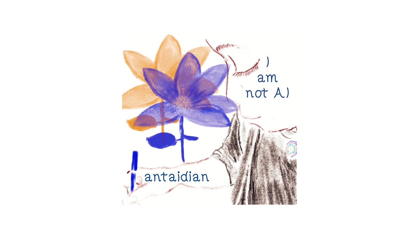 illustration of Terri writing, with bamboo petals
