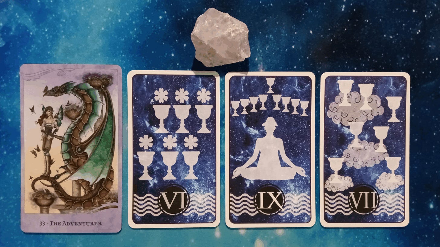 New Moon Pick-a-Card Tarot Reading for April 2025, Pile one (all)- Rose Quartz Crystal 1 For the Love of Dragons Oracle card and three Celestial Tarot cards, face up