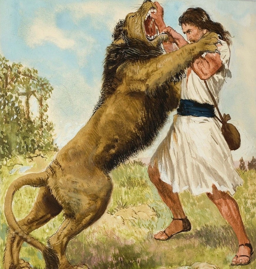 Samson Fighting a Lion. Original artwork for illustration on page 9 of Treasure issue number 172.