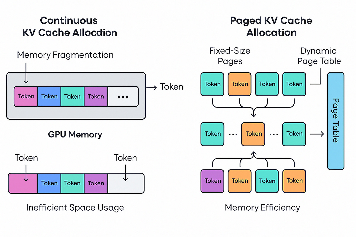 Illustrated diagram comparing contiguous KV cache memory allocation vs. PagedAttention block-based allocation, with fragmentation shown visually