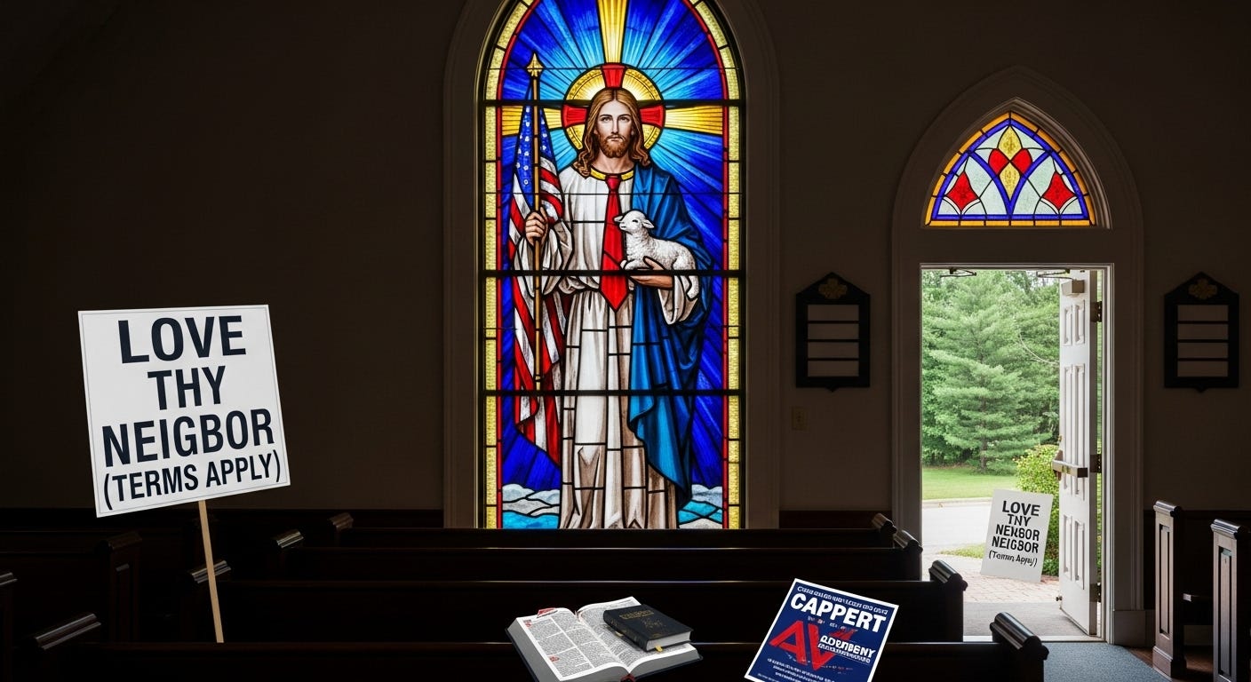 A satirical stained-glass image of Jesus in a suit holding an American flag, symbolizing the fusion of Christianity and nationalism in modern America.