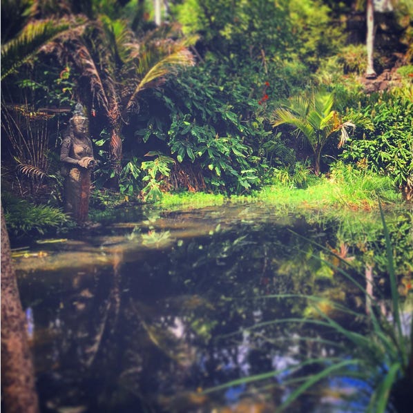 A slow river, surrounded by bush, and overlooked by what might be a Javanese statue.