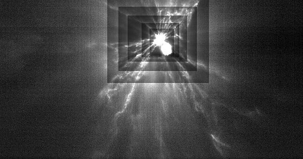 A black and white image shows a bright object in the upper center of the graphic. This image was taken by the Italian Space Agency's LICIACube and shows white plumes of ejecta streaming from the Dimorphos asteroid after NASA’s Double Asteroid Redirect Test, or DART, mission, made impact with it on Sept. 26, 2022. Rectangles appear to zoom in on the asteroid and represent different levels of contrast. These levels allow scientist's to better see fine structures in the plumes. By studying these streams of material, we will be able to learn more about the asteroid and the impact process.