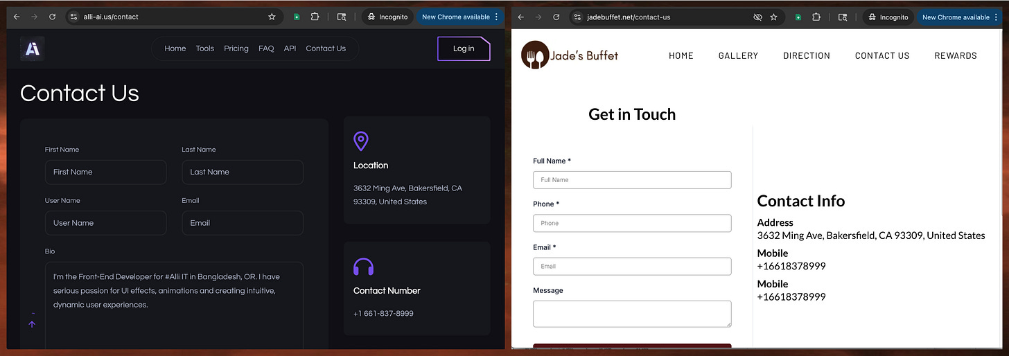 screenshots of the alli-ai(dot)us contact page and the Jade's Buffet website, both of which list the same address and phone number screenshots of the alli-ai(dot)us contact page and the Jade's Buffet website, both of which list the same address and phone number