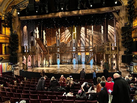 Images from Hamilton marquee and stage on Broadway