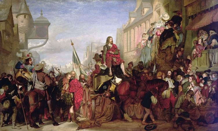 Painting in the National Galleries Scotland collection showing crowds of people lining the street, some apparently weeping, as Montrose if carried on a cart to the gallows