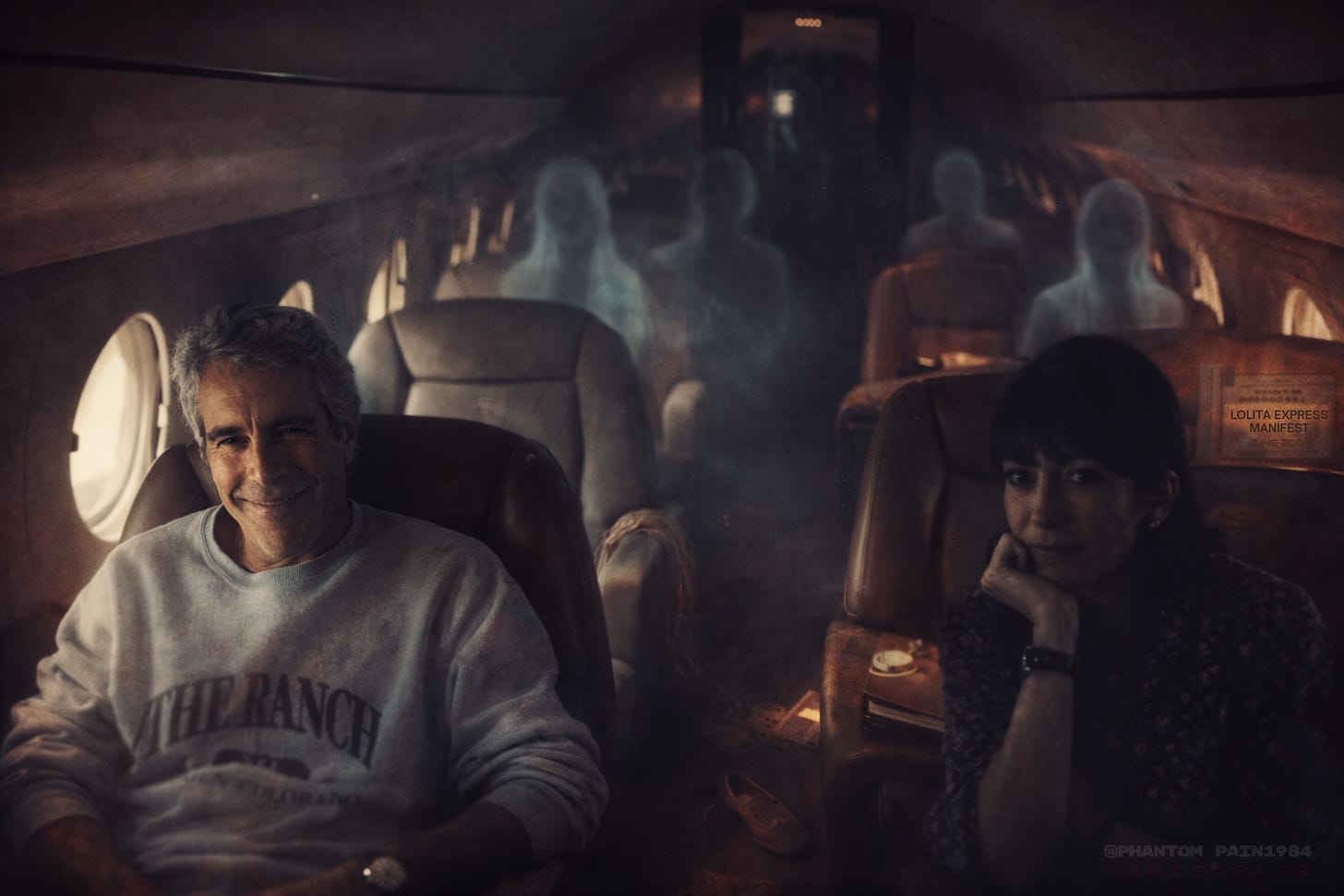 Inside the ‘Lolita Express’ — Epstein and Maxwell in the foreground, and the ghosts of the girls they buried seated behind them, still waiting for the world to speak their names.
