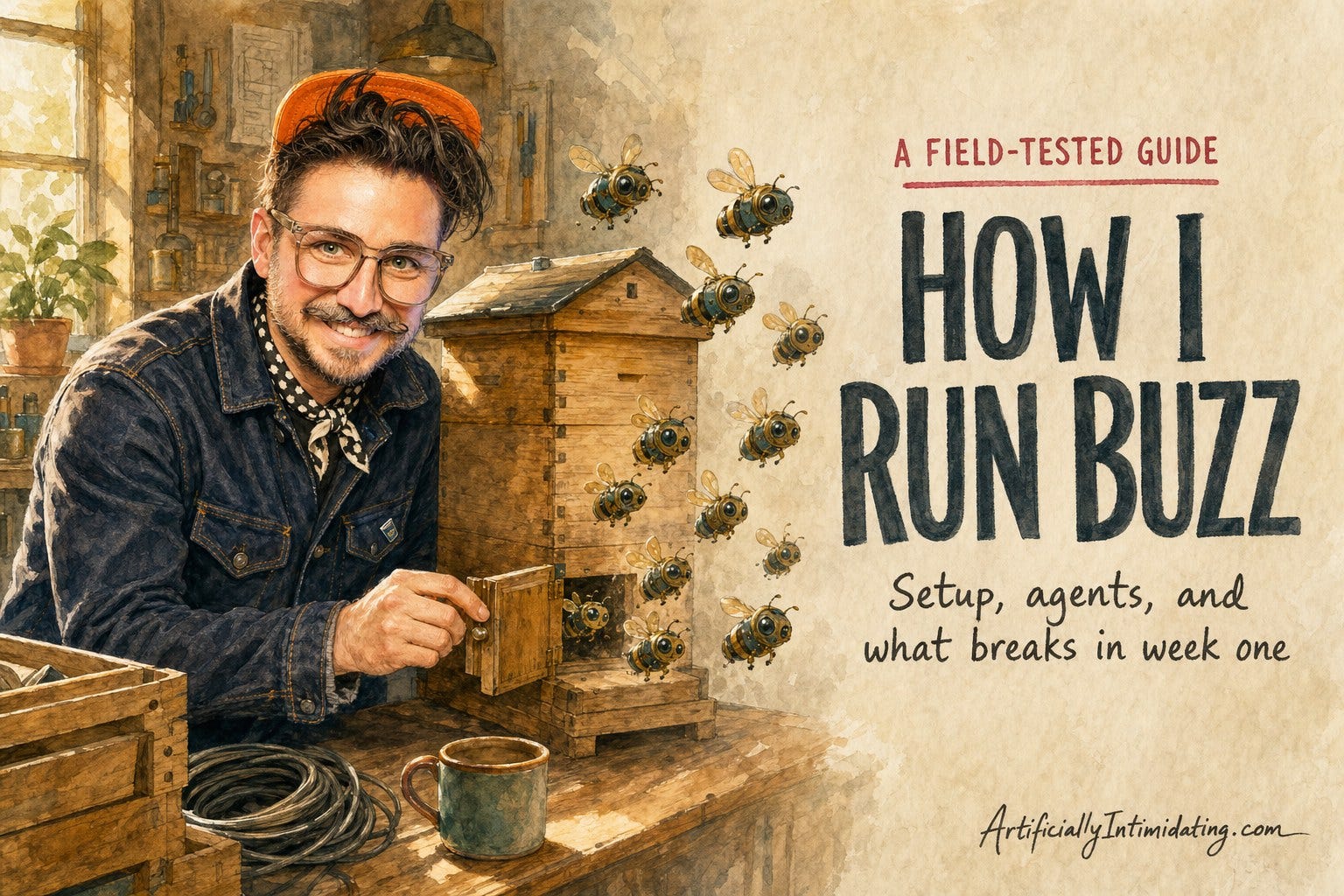 Watercolor illustration of the author opening the door of a wooden beehive on a workbench as small robot bees stream out, beside hand-painted lettering reading How I Run Buzz.