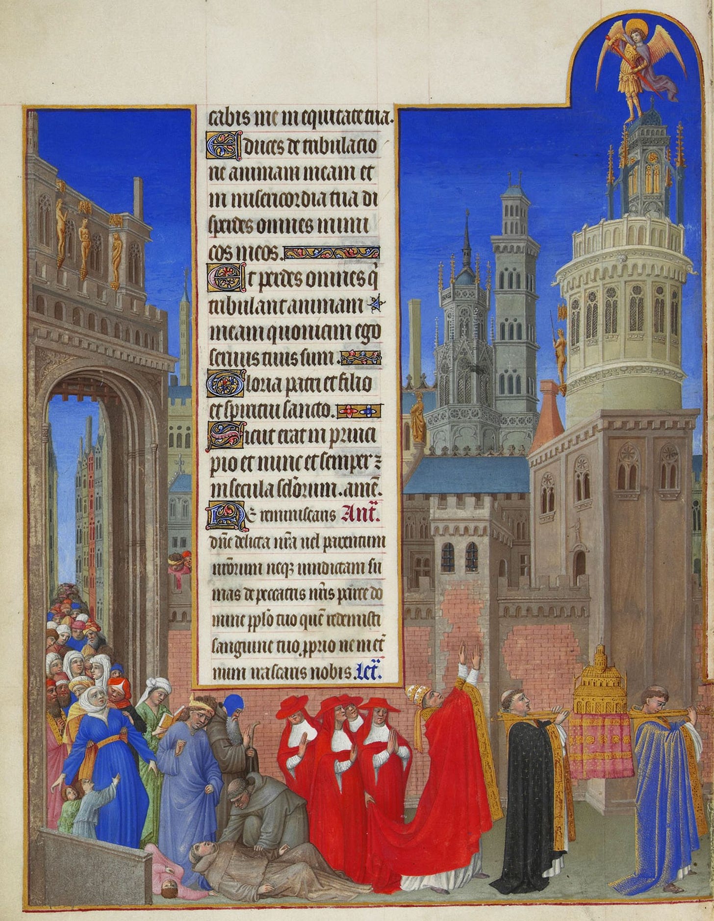 The Limbourg brothers' Procession of Saint Gregory, a procession of clergy in Rome with a small angel on a tower at the right The Limbourg brothers' Procession of Saint Gregory, a procession of clergy in Rome with a small angel on a tower at the right