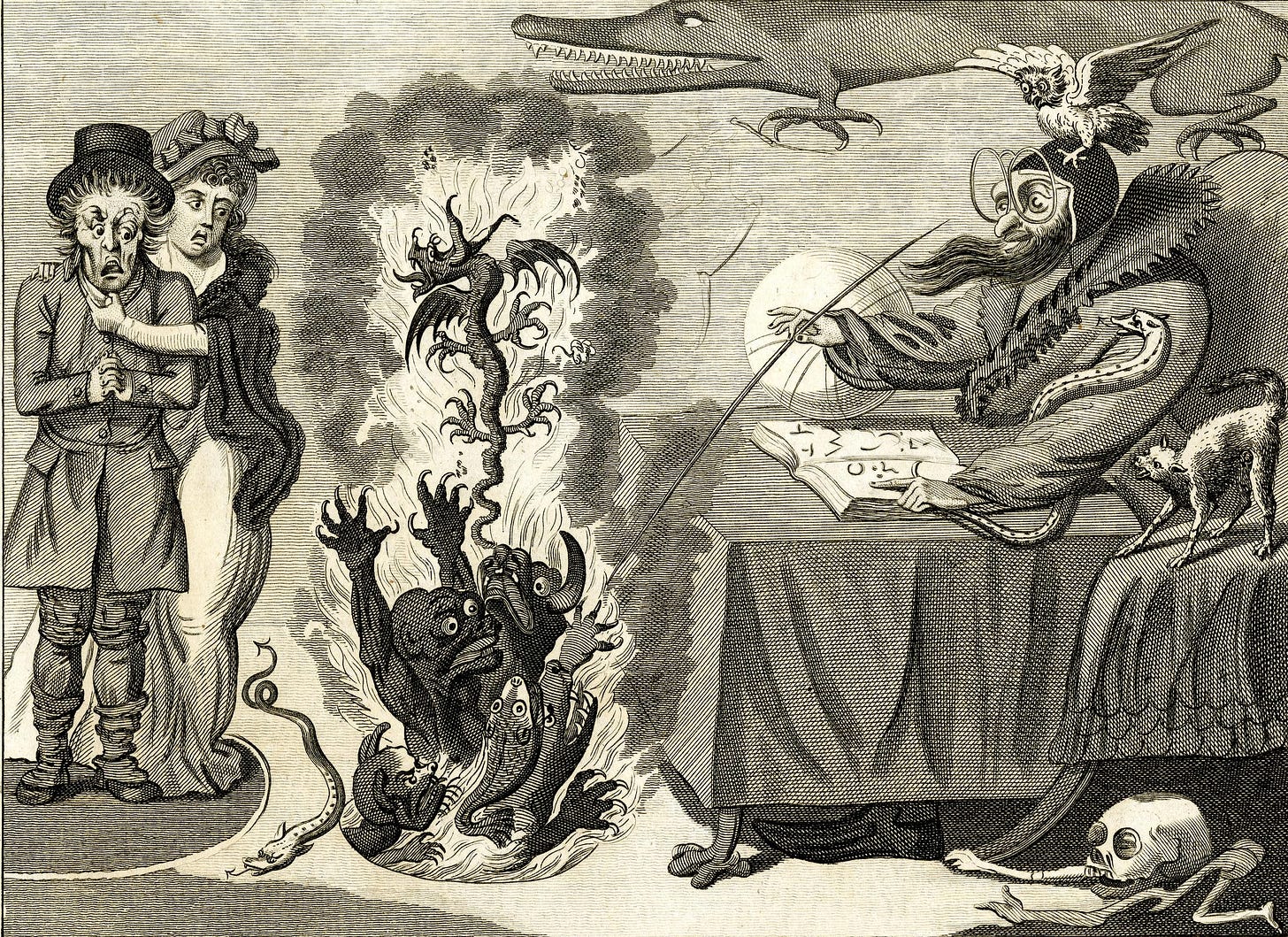 In an etching from 1795, a man with giant glasses sits in a bed, with a stick that strokes a fire coming out of the floor. From the floor emerge several beasts, one with clawed hands and another that looks like a fish. A couple looks on in horror. In an etching from 1795, a man with giant glasses sits in a bed, with a stick that strokes a fire coming out of the floor. From the floor emerge several beasts, one with clawed hands and another that looks like a fish. A couple looks on in horror.