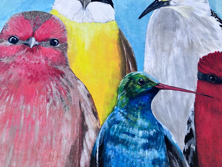 Images of murals with birds, butterflies, hearts, and hands